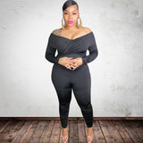 Women Plus Size Jumpsuits Solid Color Off-Shoulder Tight Sexy Jumpsuit