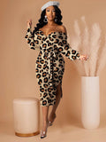 Women plus Size Midi Dresses Leopard Print Hollow Sexy Nightclub Casual Dress