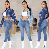 Women Plus Size Denim Coats Short Back Ripped Hollow-out Denim Jacket for Women