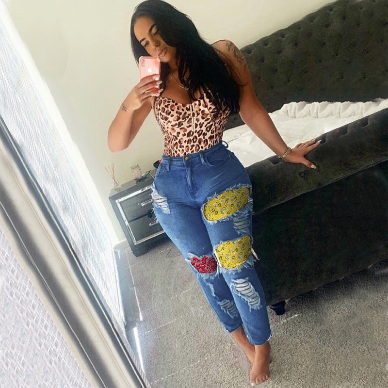 Women Plus Size Jeans Fashion Stitching Casual Baggy Jogger Pants Women