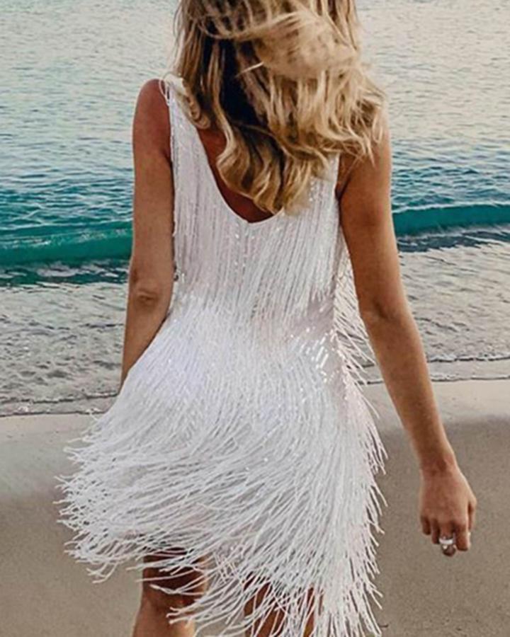 Semi Formal Dresses for Wedding Women's Sexy Tassel V-neck Slim Dress