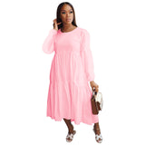 Multi-Color Long Sleeve Crew Neck Casual Dress