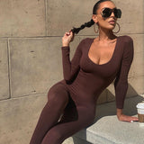 Spring Women's Clothes New Low-Necked Close-Fitting Long Sleeve High Waist Pure Color Sports Fitness Jumpsuit