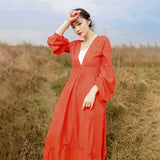 Women Dresses Summer Flared Long Sleeve V-neck Embroidered Maxi Dress