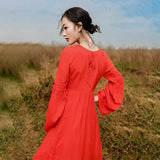 Women Dresses Summer Flared Long Sleeve V-neck Embroidered Maxi Dress