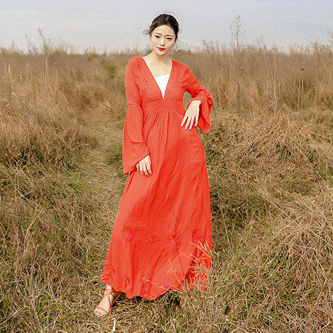 Women Dresses Summer Flared Long Sleeve V-neck Embroidered Maxi Dress