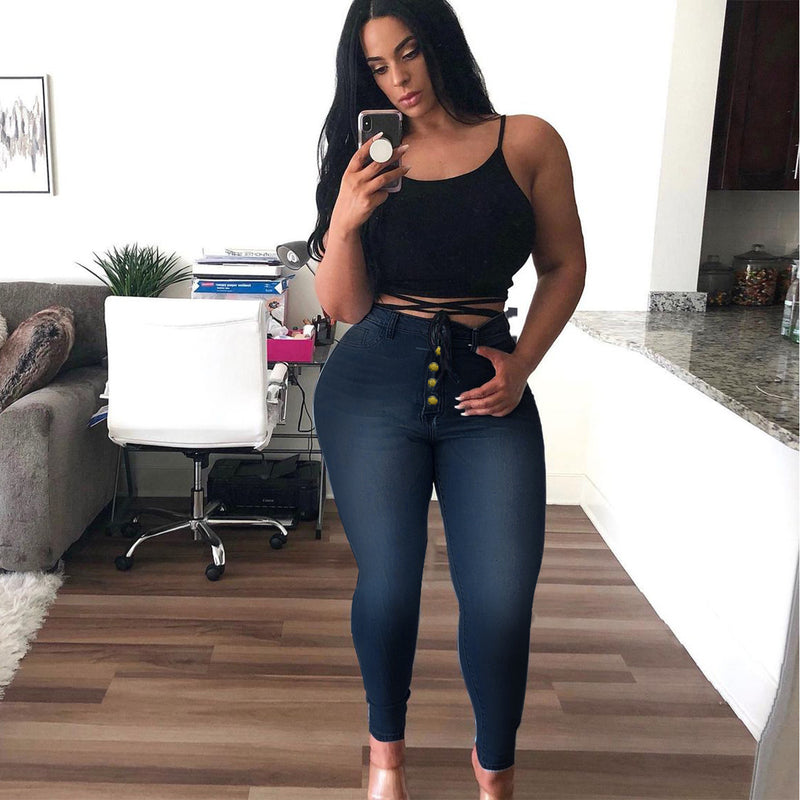 Women Plus Size Jeans High Waist Slim Denim Skinny Pants