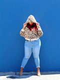 Women Plus Size Tops Leopard Print Contrast Color Hooded Sports Sweater Coat