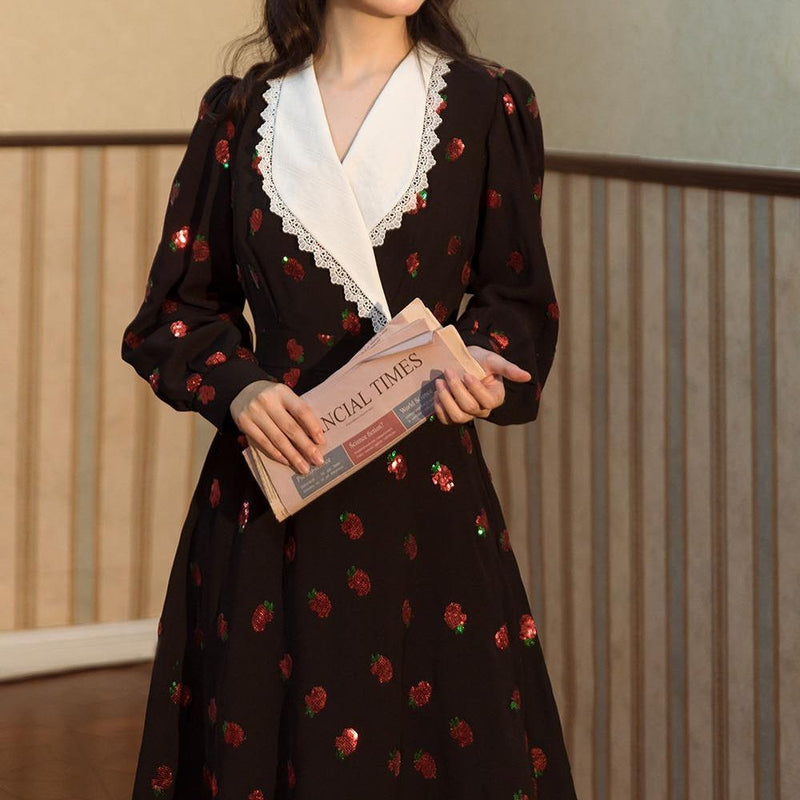 Vintage Strawberry Embroidered Sequins Dress Swing dress