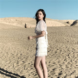 Fairy Dress Mesh White Lace Puff Sleeve Cake Backless Lace up Dress Vacation Skirt