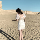 Fairy Dress Mesh White Lace Puff Sleeve Cake Backless Lace up Dress Vacation Skirt