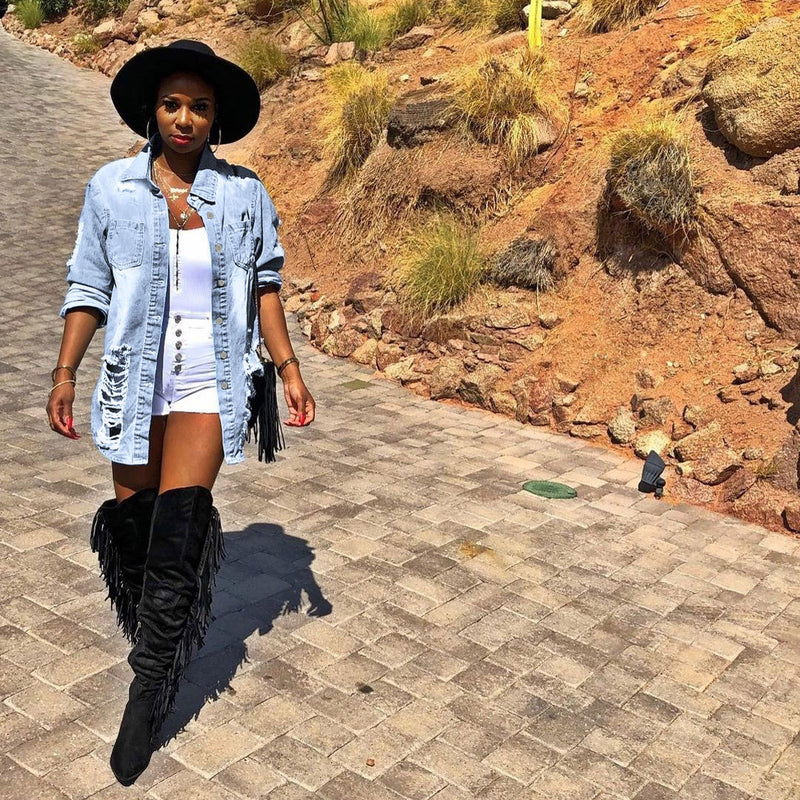 Women Plus Size Denim Coats Fashion Ripped Denim Mid-Length Coat