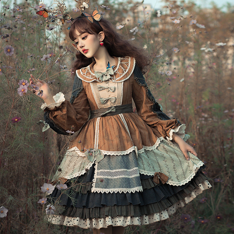 Gothic Lolita Harajuku Style Clothing Lolita Small Skirt Op Vintage Pastoral Style Skirt Color Contrast Patchwork Autumn and Winter