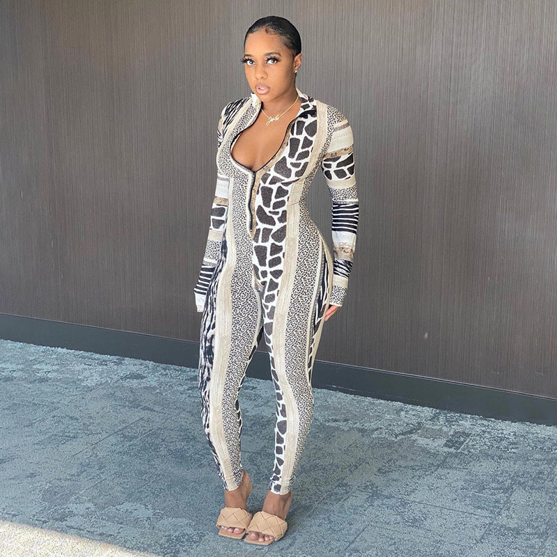 Women's Spring Clothing Fashion Stand-up Collar Slim Fit Printed Sports Jumpsuit