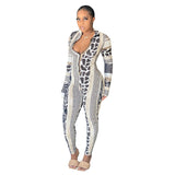 Women's Spring Clothing Fashion Stand-up Collar Slim Fit Printed Sports Jumpsuit
