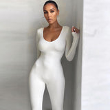 Spring Women's Clothes New Low-Necked Close-Fitting Long Sleeve High Waist Pure Color Sports Fitness Jumpsuit