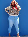 Women Plus Size Tops Leopard Print Contrast Color Hooded Sports Sweater Coat