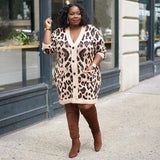 Women Plus Size Mini Dresses Leopard Print Contrast Color Long Sleeves Dress and Coat