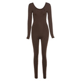 Spring Women's Clothes New Low-Necked Close-Fitting Long Sleeve High Waist Pure Color Sports Fitness Jumpsuit