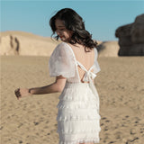 Fairy Dress Mesh White Lace Puff Sleeve Cake Backless Lace up Dress Vacation Skirt