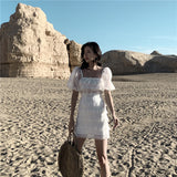 Fairy Dress Mesh White Lace Puff Sleeve Cake Backless Lace up Dress Vacation Skirt