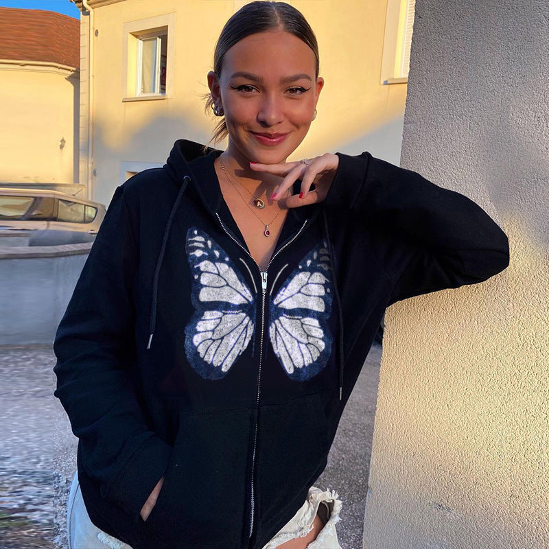 Rrr123 Hoodie Butterfly Rhinestone Hooded Sweater