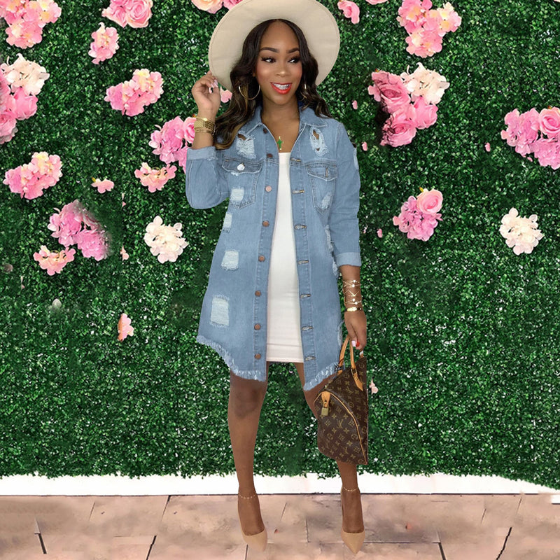 Women Plus Size Denim Coats Ripped Mid-Length Shirt Denim Jacket