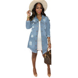 Women Plus Size Denim Coats Ripped Mid-Length Shirt Denim Jacket