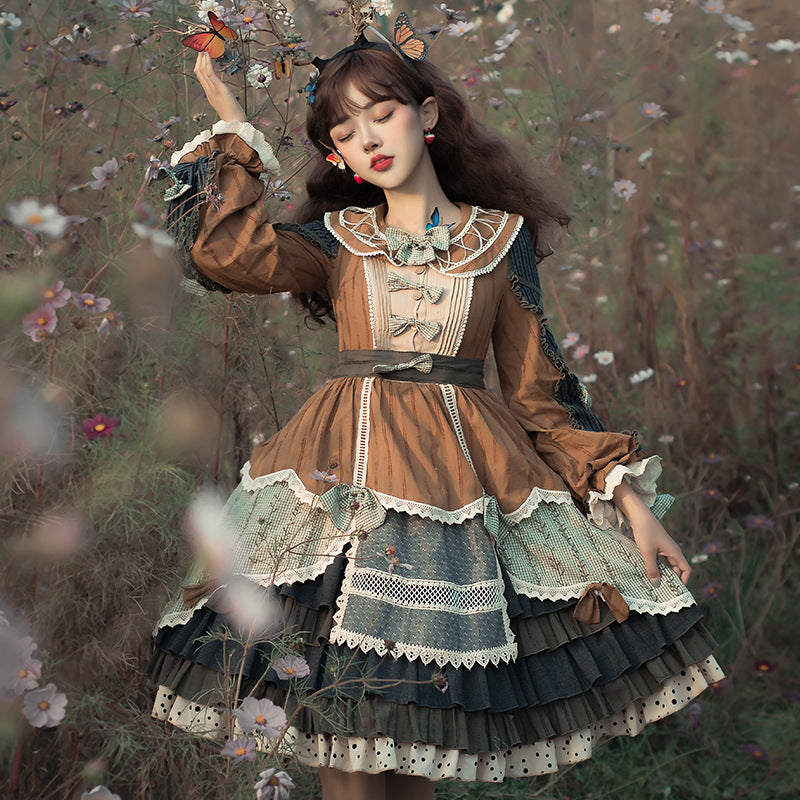 Gothic Lolita Harajuku Style Clothing Lolita Small Skirt Op Vintage Pastoral Style Skirt Color Contrast Patchwork Autumn and Winter