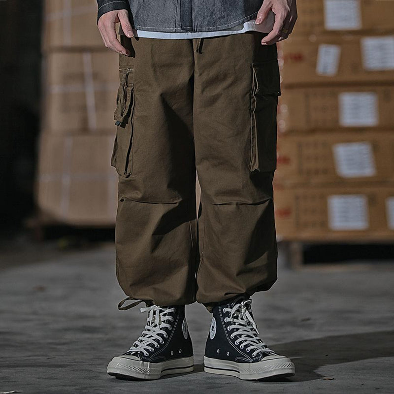 Multi-Pocket Cargo Pants Men's High Street Elastic Waist Drawstring Ankle Banded Pants Street Trend Casual Pants Men Pants