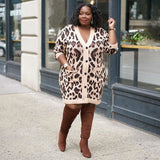 Women Plus Size Mini Dresses Leopard Print Contrast Color Long Sleeves Dress and Coat