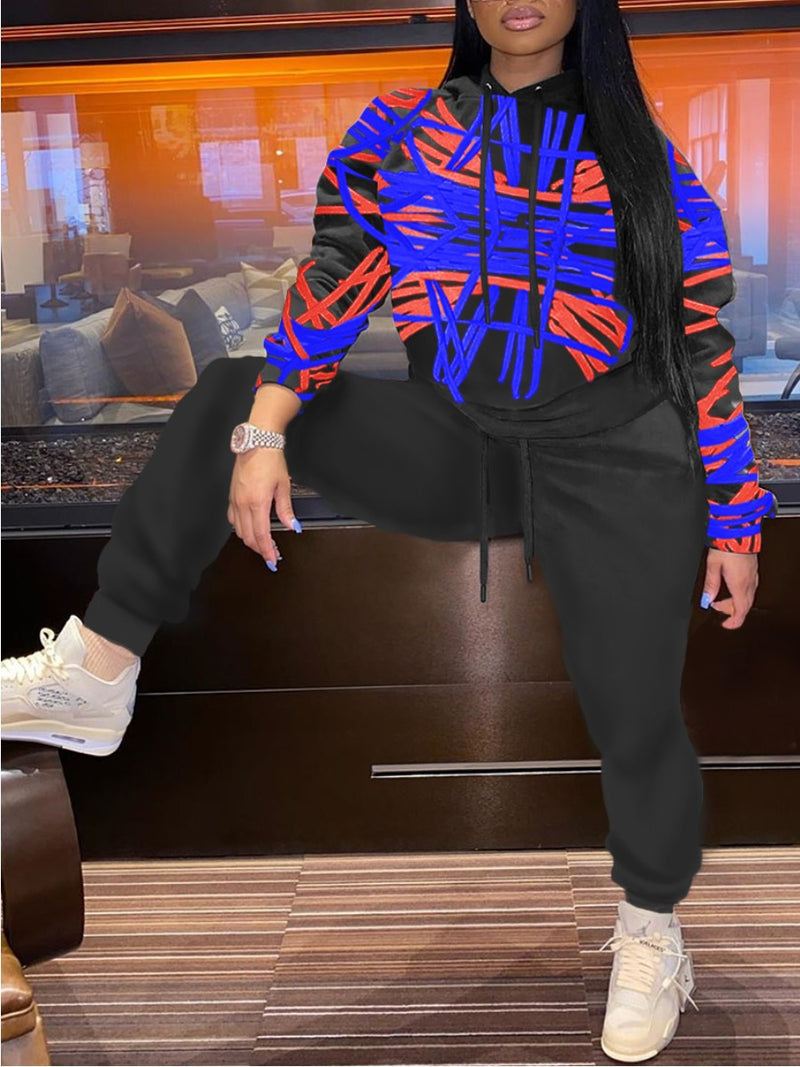 Women Plus Size Tops Striped Print Contrast Color Hooded Sports Sweater Top