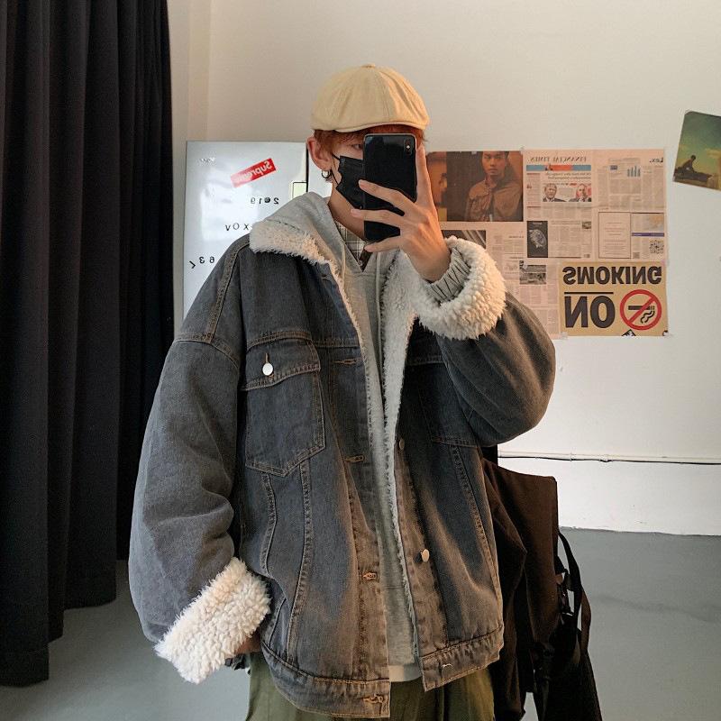 Cotton-Padded Coat Men's Loose Lapels Wool Cotton-Padded Coat Casual Fleece and Thick Denim Jacket Large Size Loose Men Denim Jacket