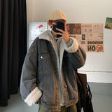 Cotton-Padded Coat Men's Loose Lapels Wool Cotton-Padded Coat Casual Fleece and Thick Denim Jacket Large Size Loose Men Denim Jacket