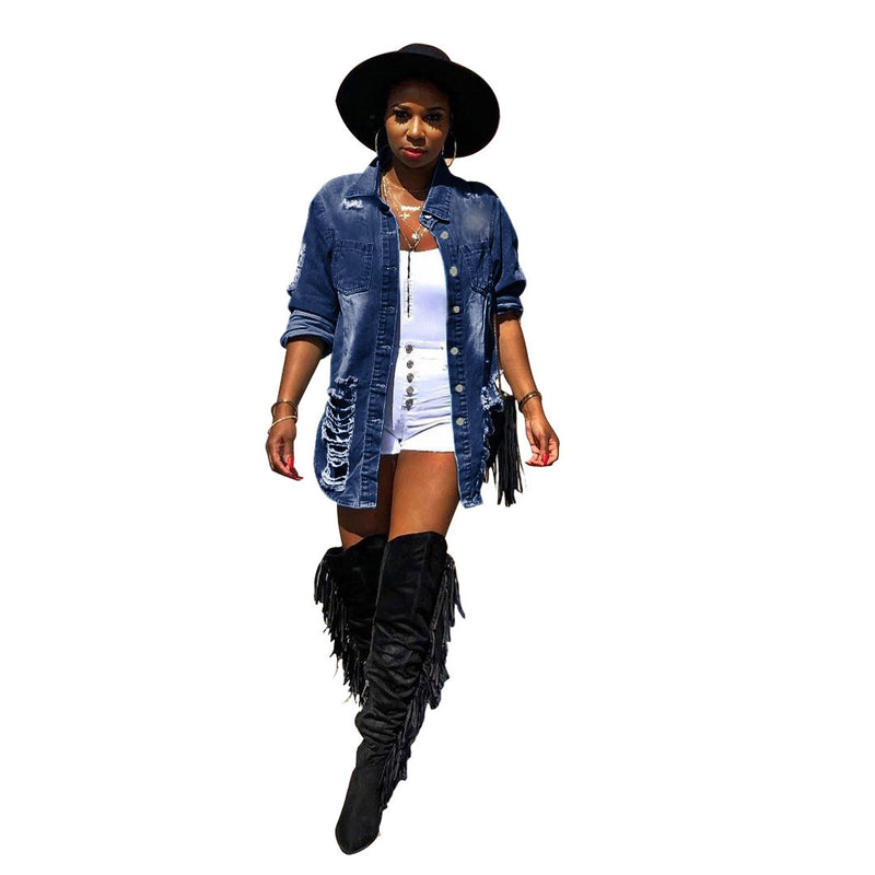 Women Plus Size Denim Coats Fashion Ripped Denim Mid-Length Coat