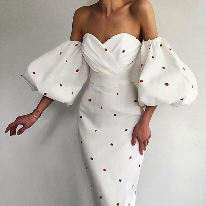 Strawberry Printed Dress Lantern Sleeve  Midi Dress High Waist Slim