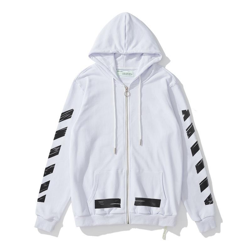 Off White Hoodie Printed Cardigan Zipper Hooded Coat Sweatshirt Plus Size Men's Clothing Owt