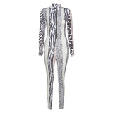 Women's Spring Clothing Fashion Stand-up Collar Slim Fit Printed Sports Jumpsuit