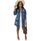 Women Plus Size Denim Coats Ripped Mid-Length Shirt Denim Jacket