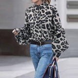 Women Plus Size Tops Loose Slimming Leopard Print Long Sleeve Shirt