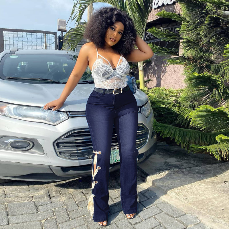 Women Plus Size Jeans Solid Color Jeans Bandage Trousers