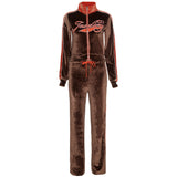 Women Top & Pant 2 Piece Set Autumn and Winter Contrast Color Stitching Letter Embroidery Coat Straight Casual Pants Suit
