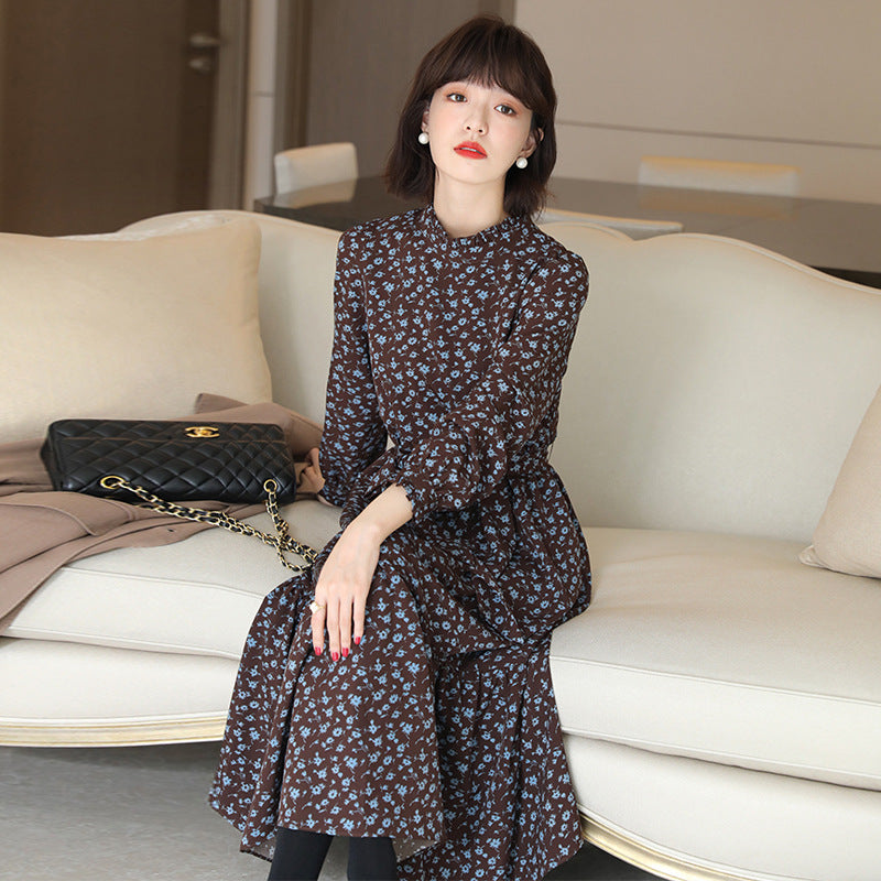 Work Dresses for Teachers Autumn Vintage Dress Loose Slimming and Velvet Padded Floral Dress