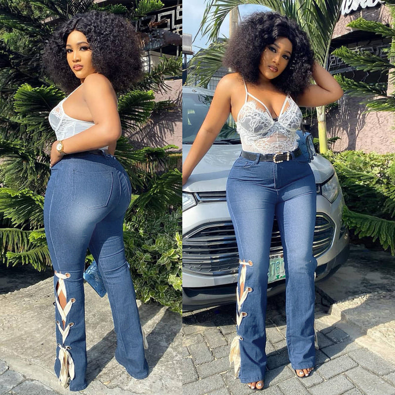 Women Plus Size Jeans Solid Color Jeans Bandage Trousers