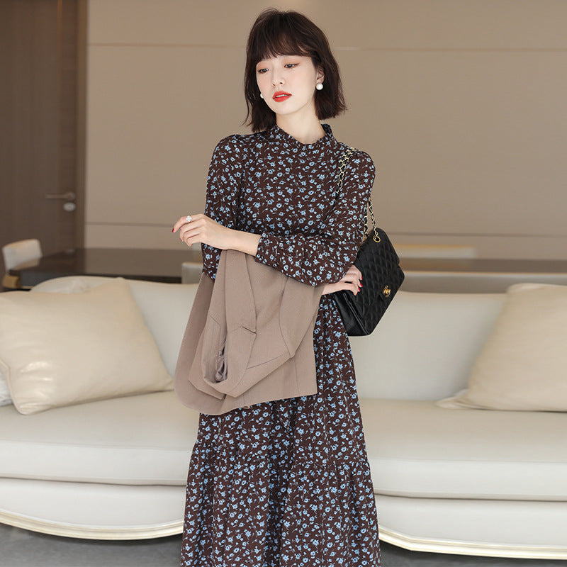 Work Dresses for Teachers Autumn Vintage Dress Loose Slimming and Velvet Padded Floral Dress