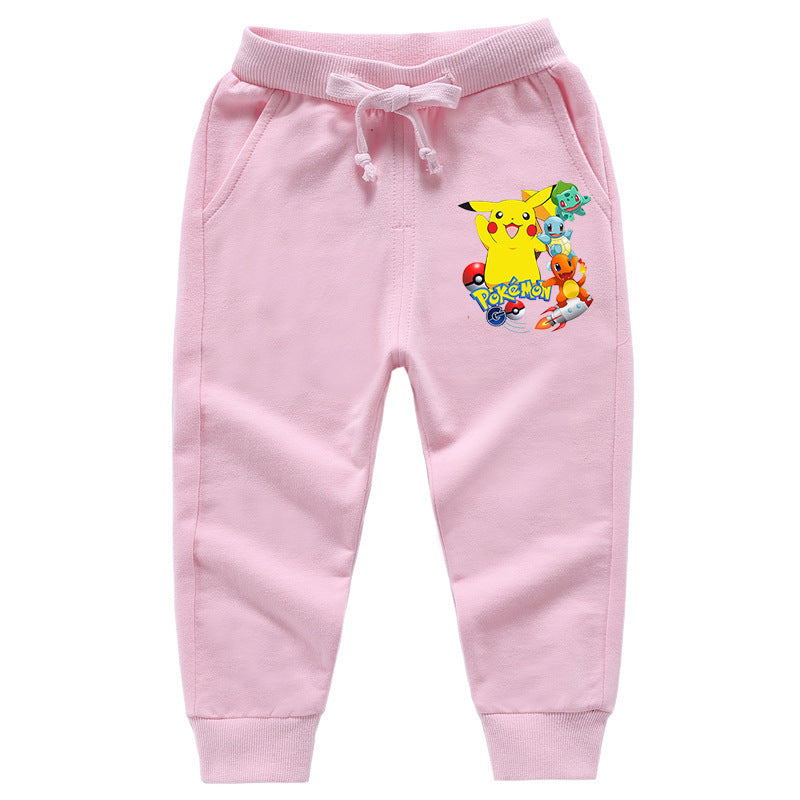 Children Pokemon Pikachu Pants Ankle-Tied Trousers Boys and Girls Cotton Casual Sports Loose