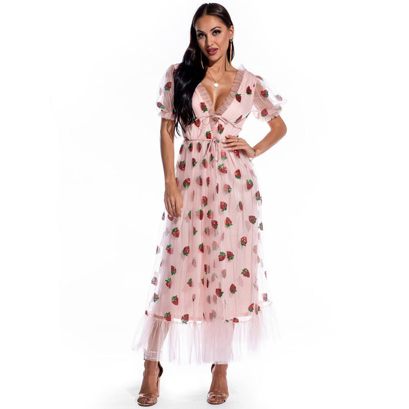 Sexy Puff Sleeve Strawberry Sequins Dress Retro Dress Casual Fashionable