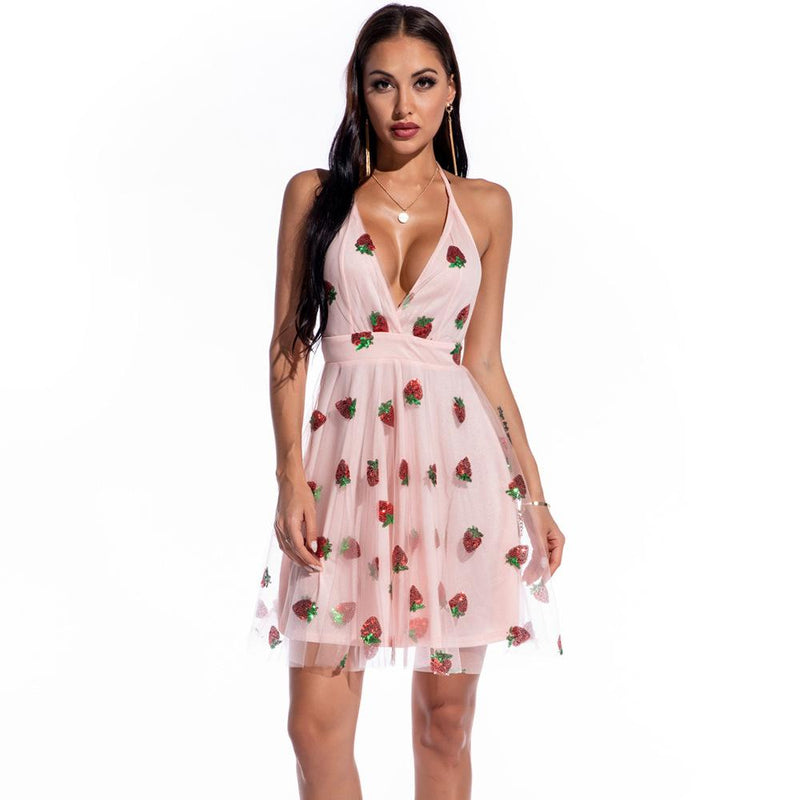 Sexy V-neck Strap Strawberry Sequins Mini Dress Swing dress