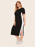 Women Plus Size Midi Dresses Ribbon Patchwork Slit Short Sleeve Dress