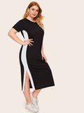 Women Plus Size Midi Dresses Ribbon Patchwork Slit Short Sleeve Dress